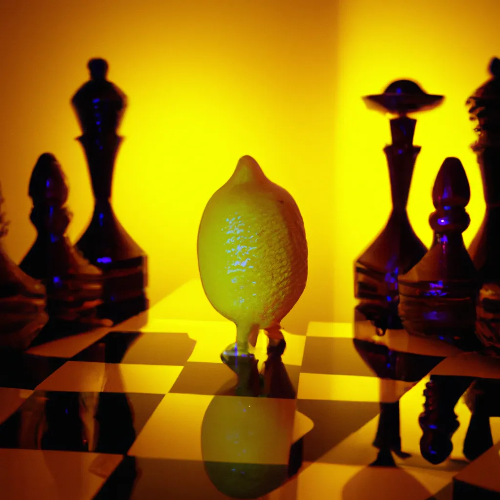 Prompt: a lemon character  playing chess hyperrealistic photo, futuristic illumination, Art Deco, Full colors, Trending artstation, cinematographic