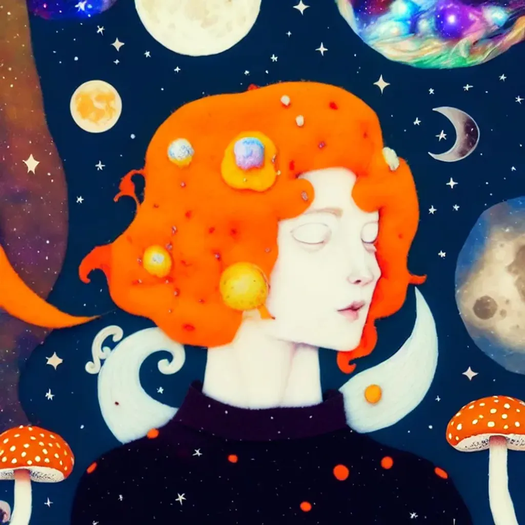 Prompt: Felt fabric portrait by Ryan Hewett, Beautiful cat with orange hair, mushrooms growing out of her hair, hq, fungi, celestial, portrait, victo ngai, moon mushrooms, galaxy, moon, stars 