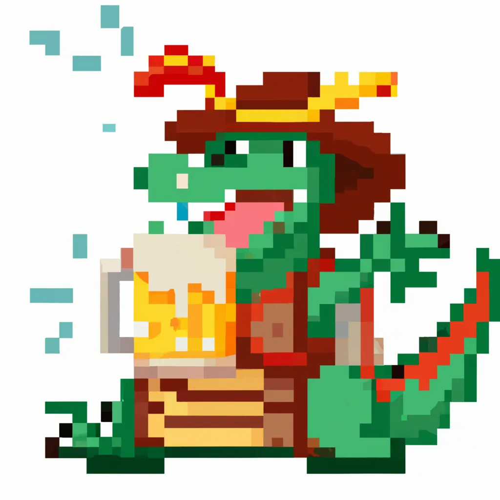 Prompt: Pixel art of A happy dragon with a German Oktoberfest hat and an overflowing tankard