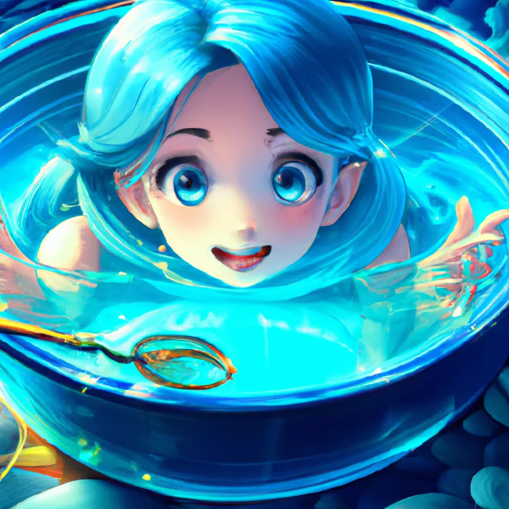 Prompt: Key Disney Visual  Of A cauldron with a see-through icy blue water, with an anime mermaid swimming happily ,Digital art, trending on artstation, Photorealistic Illustration, anime key visual, cinematic, Ultra Detailed , trending on pixiv, kawaii eyes , blue colour pallete