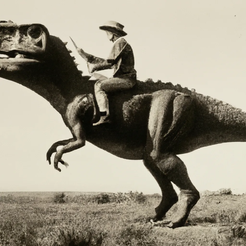 Prompt: A historical photo of a cowboy riding a dinosaur