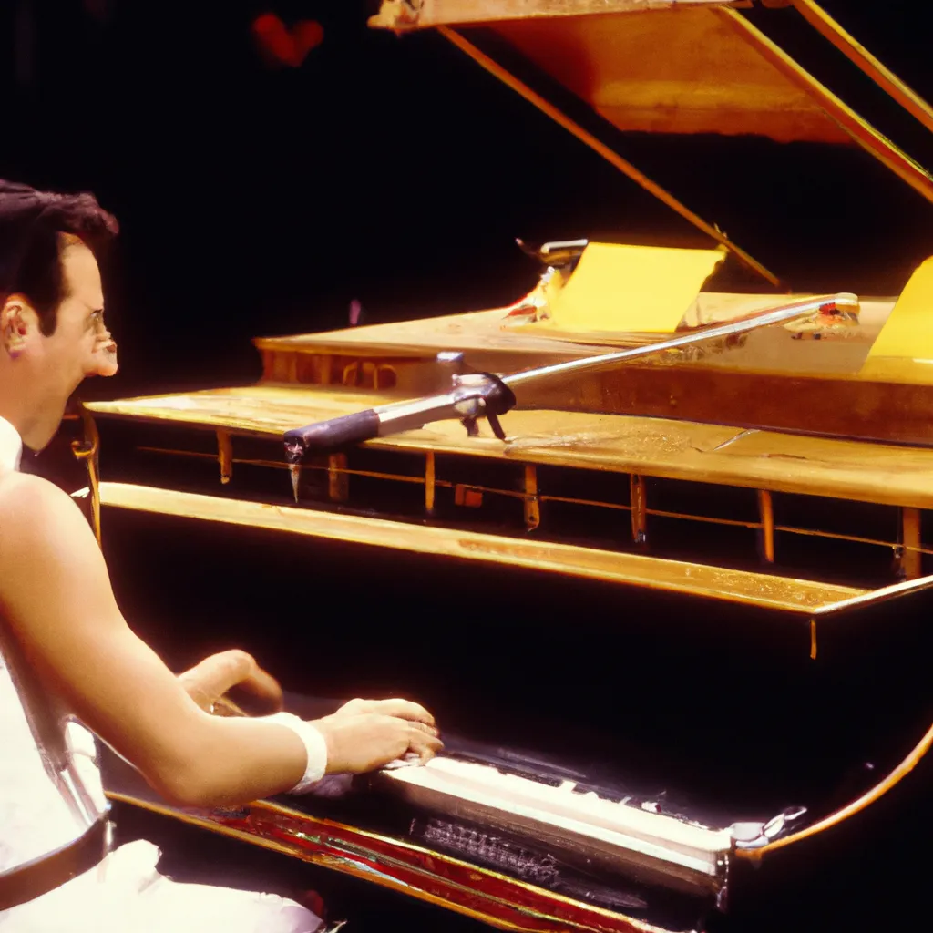 Prompt: Freddie Mercury playing piano, Live Aid 1985