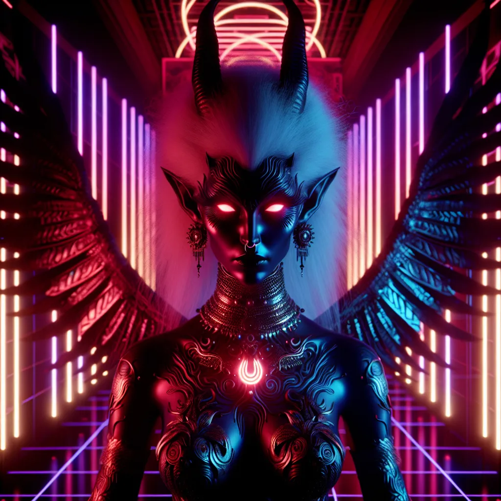 Prompt: Beautiful female demonic figure in a gothic vaporwave setting, neon lights casting a dramatic glow, retro aesthetic, high definition, dramatic lighting, demonic, high quality, liminal, vivid colors, detailed features, atmospheric, haunting vibe, surreal, retro-futuristic, intense gaze, otherworldly, dark and unsettling, eerie