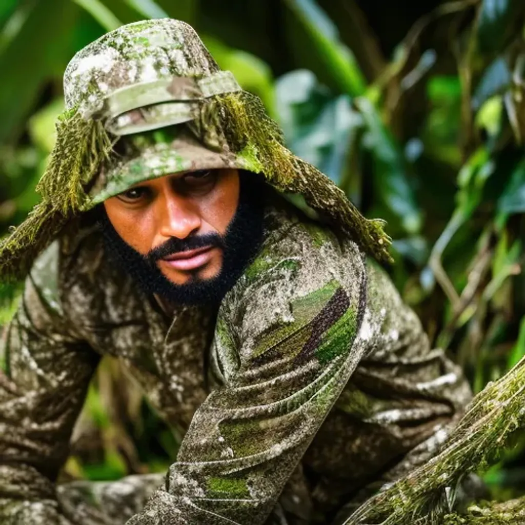 Prompt: Camouflage Colors, Portrait Photo of a Camouflaged Soldier, Long shot, action scene, highly detailed, intricate detail, Jungle, highly detailed