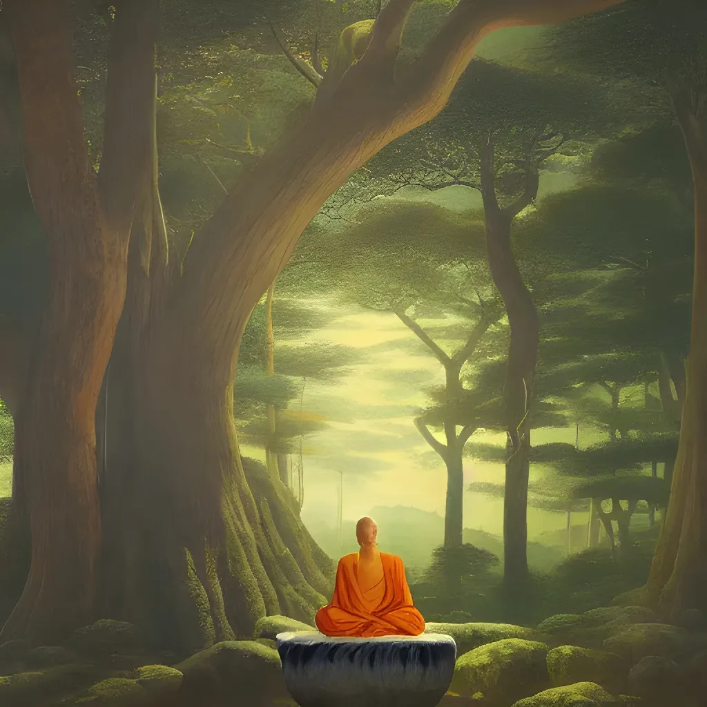 Prompt: Oil painting of a buddhist monk meditating under the world tree, peaceful, serene, enlightenment, trending on artstation, professional, highly detailed, vivid colors, unreal engine, comic book cover, by August Friedrich Schenck and Caspar David Friedrich