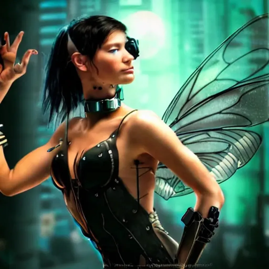 Prompt: cyborg-fairy in cyberpunk scene