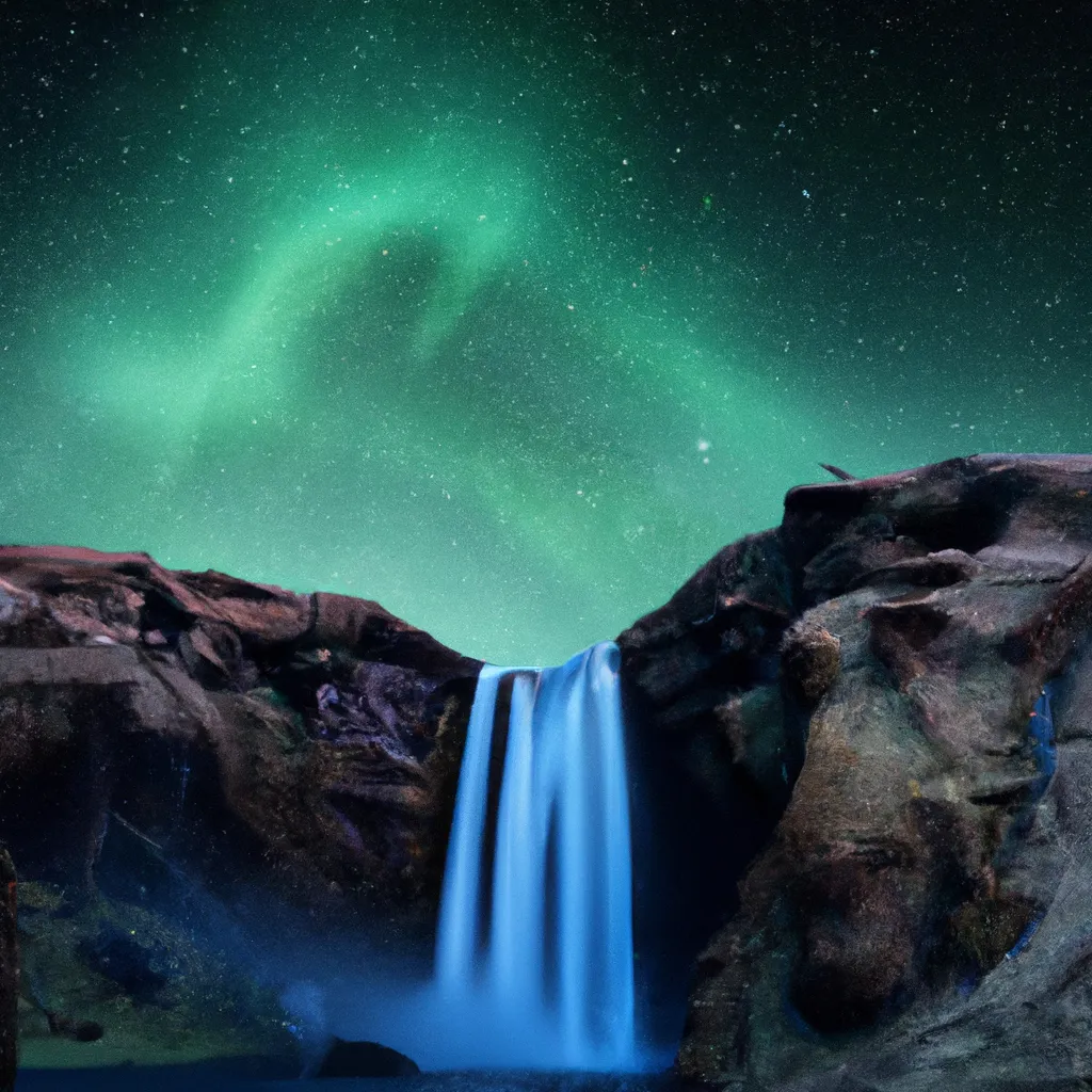 Prompt: Aurora over Iceland, famous waterfall and mountain, photo realistic, wide angle lens, astro photography