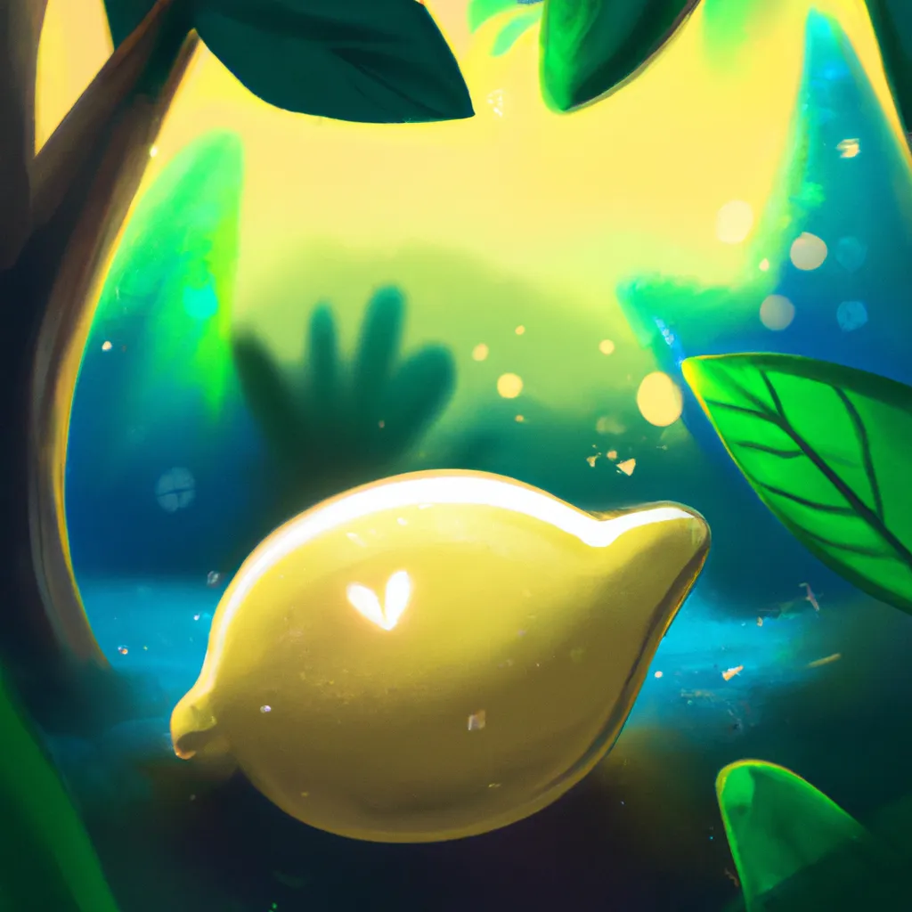 Prompt: A cute lemon. in a beautiful landscape, leaves, terrarium, Bokeh, golden hour, rossdraws, studio ghibli, Greg rutkowski, Trending artstation, cinematic