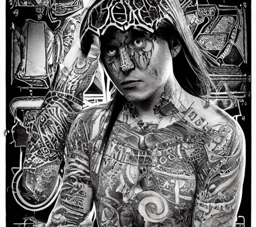 Portrait photo of black and white heavy tattoos of f... | OpenArt