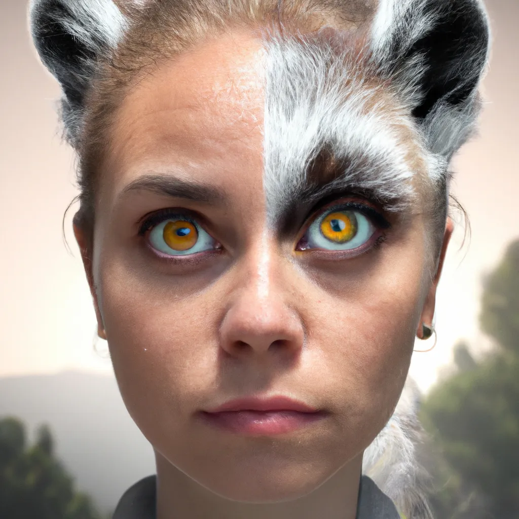 Prompt: A photo of a cute young woman's head combined with a 3D render of a hybrid lemur head. Epic film poster style.