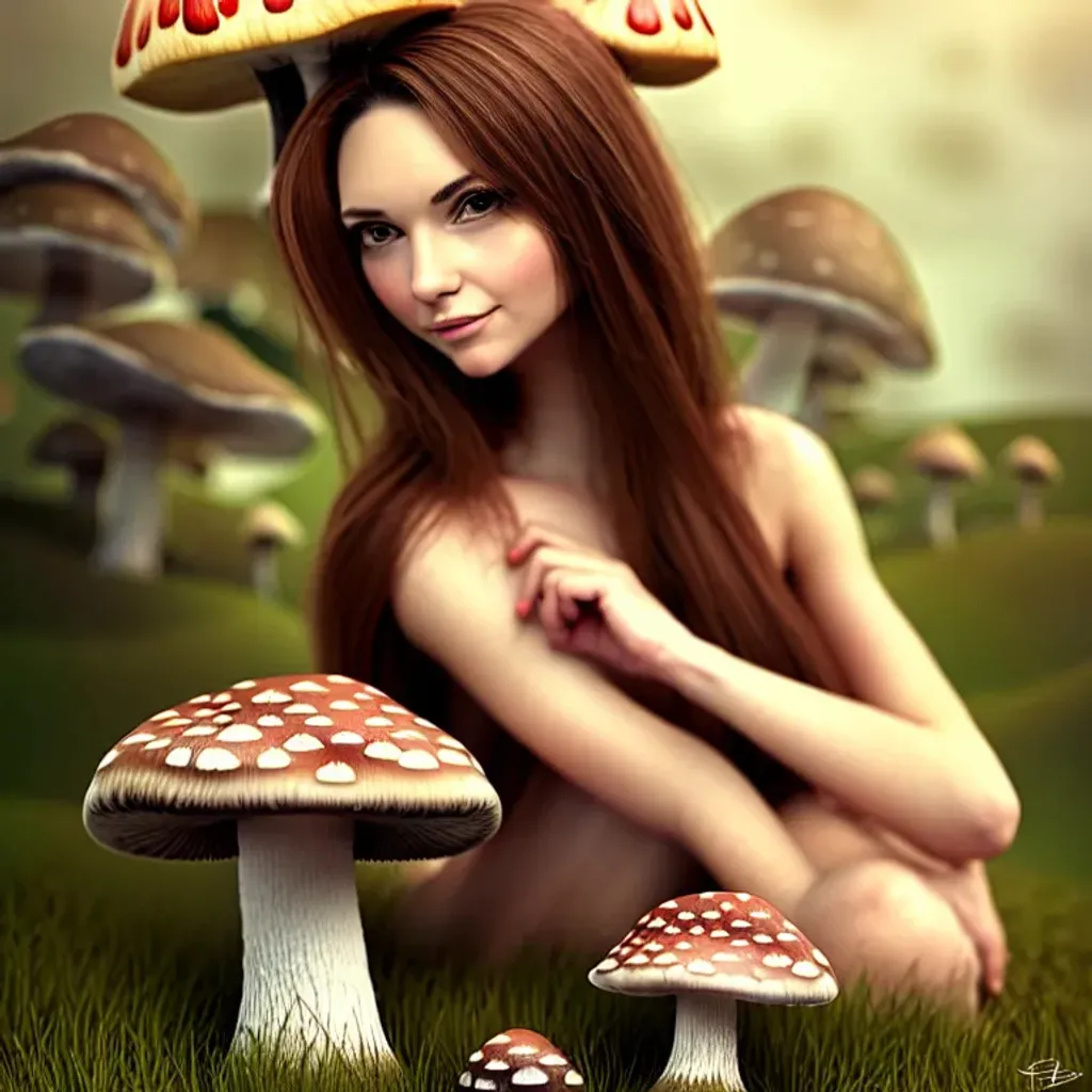 Prompt: a woman with brunette hair and with cute face, sitting on a mushroom, perfect composition, hyperrealistic, super detailed, 8k, high quality, trending art, trending on artstation, sharp focus, studio photo, intricate details, highly detailed
