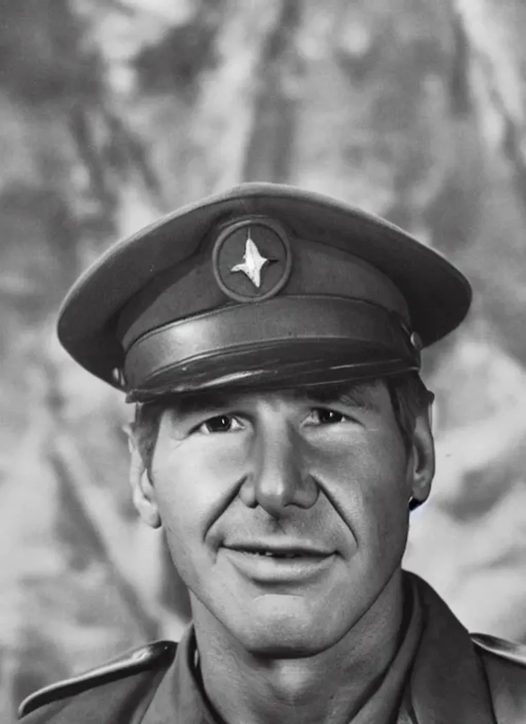 Prompt: Photograph of Harrison Ford as a soldier in World War II, black and white