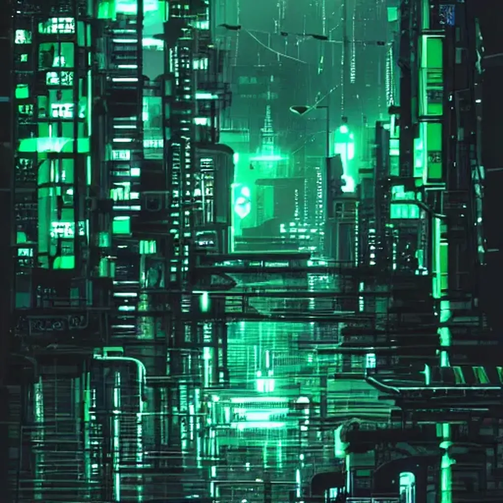 Prompt: Abstract cyberpunk city, green style, at night, rainy, streetlamp, 8k, trending on artstation