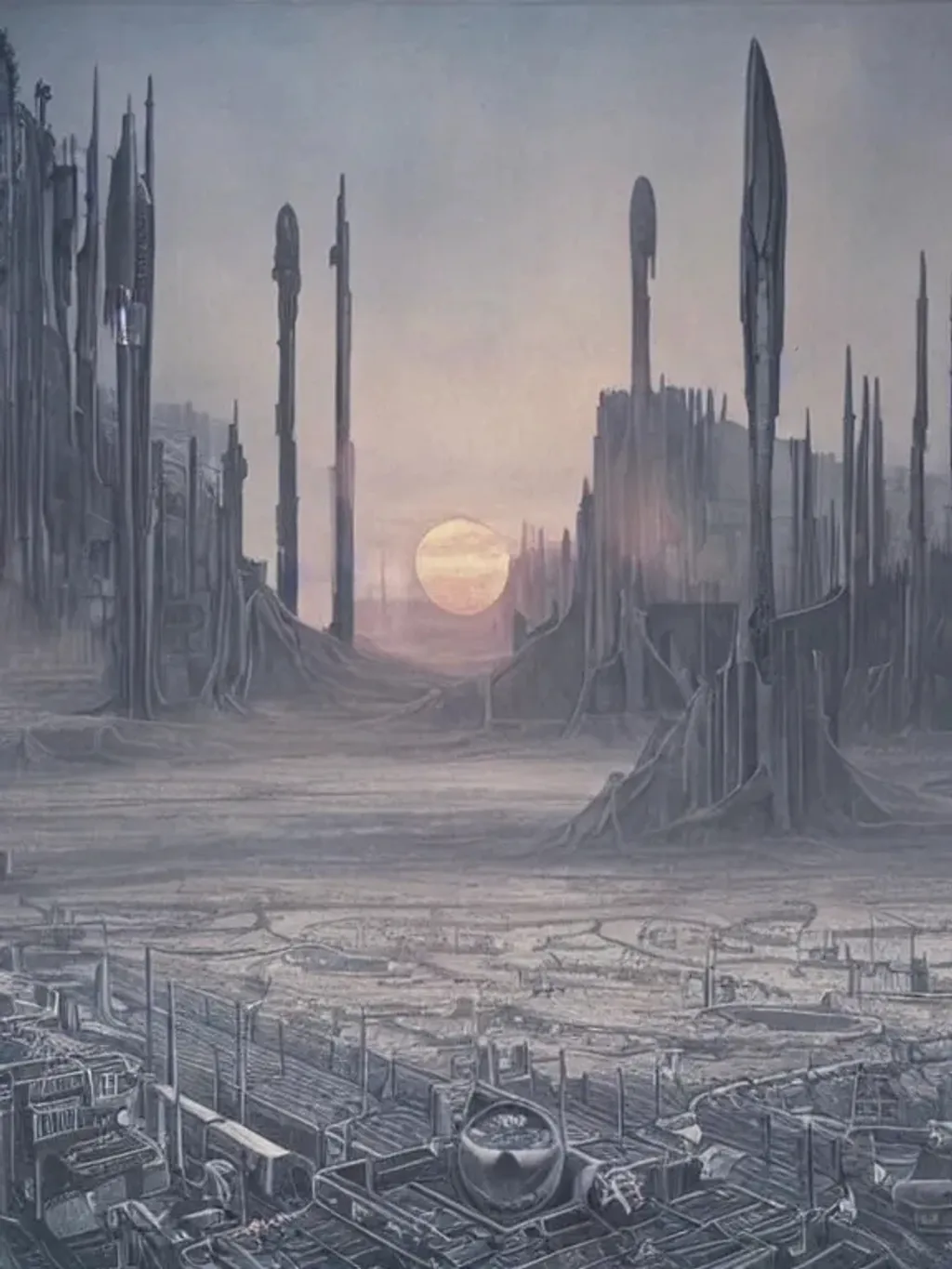 Prompt: sunset, dystopian mood, scary and surreal setting, h.r. giger
