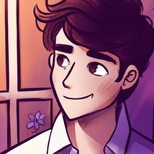 Prompt: anime art, afternoon, warm detailed colorful slice-of-life miyazaki anime art, beautiful miyazaki-style art, cute Australian man with short medium dark brown hair at a coffeeshop, wearing lavender dress shirt, profile picture, smiling for camera, face focus, looking at camera