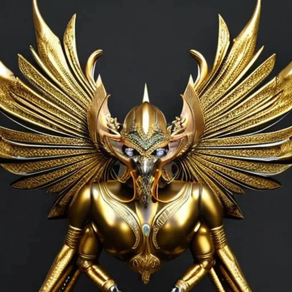 Prompt: black and gold garuda, symmetrical, 16k, HDR, RTX, insanely detailed and intricate, hypermaximalist, elegant, ornate, hyper realistic, super detailed, intricately ultra realistic, detailed face, medieval, cyberpunk, cyborg, to scale, hyper realistic, cinematic lighting, digital art, concept art, mdjrny-v4 style, (((Artstation))), engraved, luxury art, silver, leather, carbon, metal, maximum texture, sharp focus, gigapixel, skin pores, hard focus, 3D, raytraced, rendered