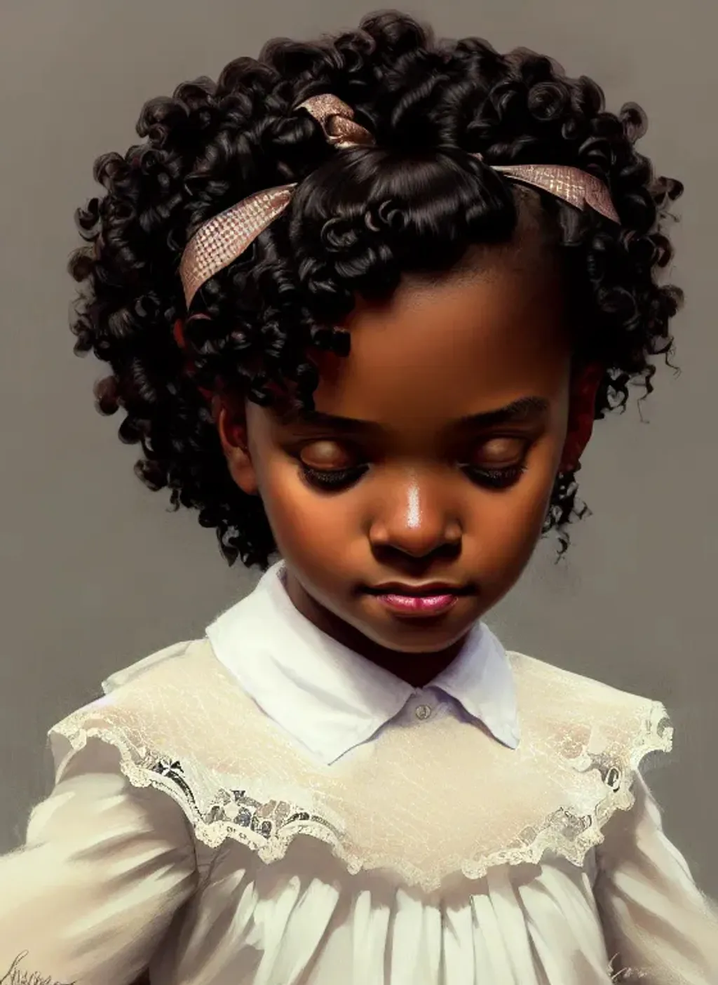 Prompt: portrait of a adorable cute black school girl, cute little nose, tight curls, sparkling brown eyes, coy, flirty, satin dress with fine lace, lillies, highly detailed, realistic, digital painting, artstation, smooth, sharp focus, artgerm, greg rutkowski, alphonse mucha, cgi