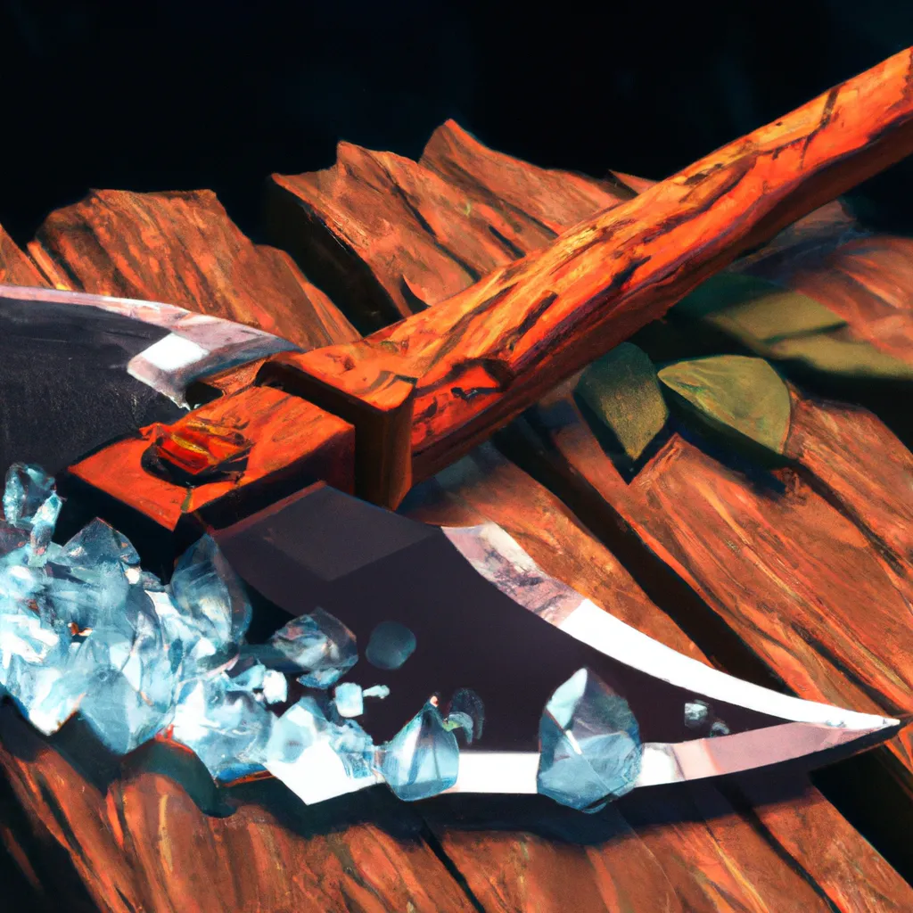 Prompt: Diamond axe on wooden table, digital art