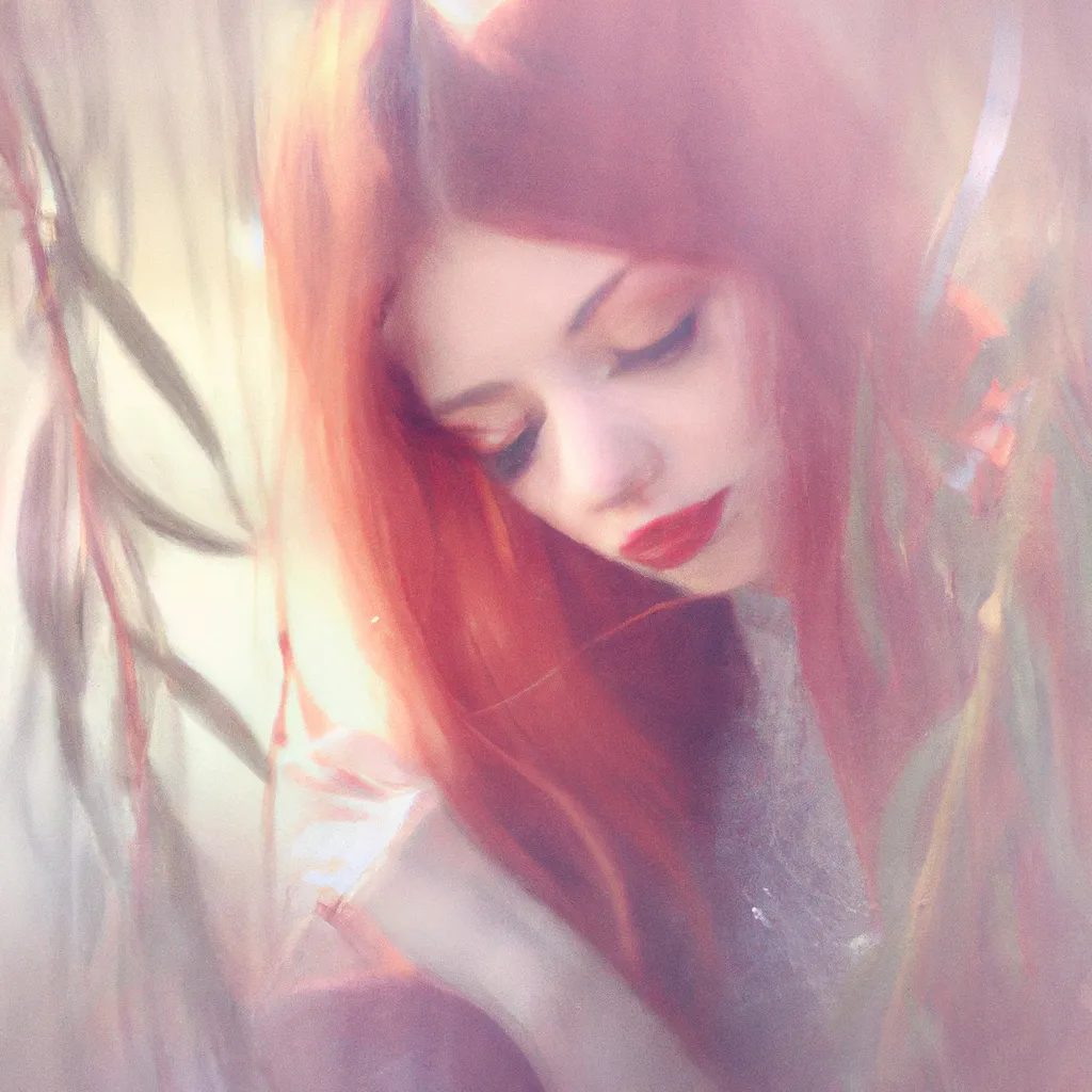 Prompt: Portrait of a girl with red hair sitting under a willow tree, fantasy, bokeh lens