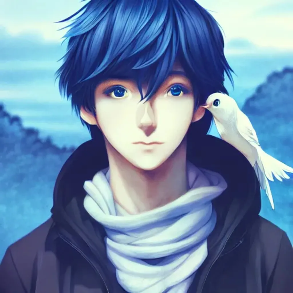 Prompt: Portrait of anime boy with a blue bird on the arm , intricate, casual, coat, close to waterfall,highly detailed, artstation, concept art,super detailed,high quality, trending art, illustration, 