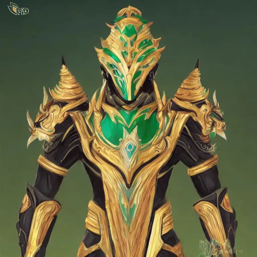 Prompt: Emerald and gold warframe armour in thai art style