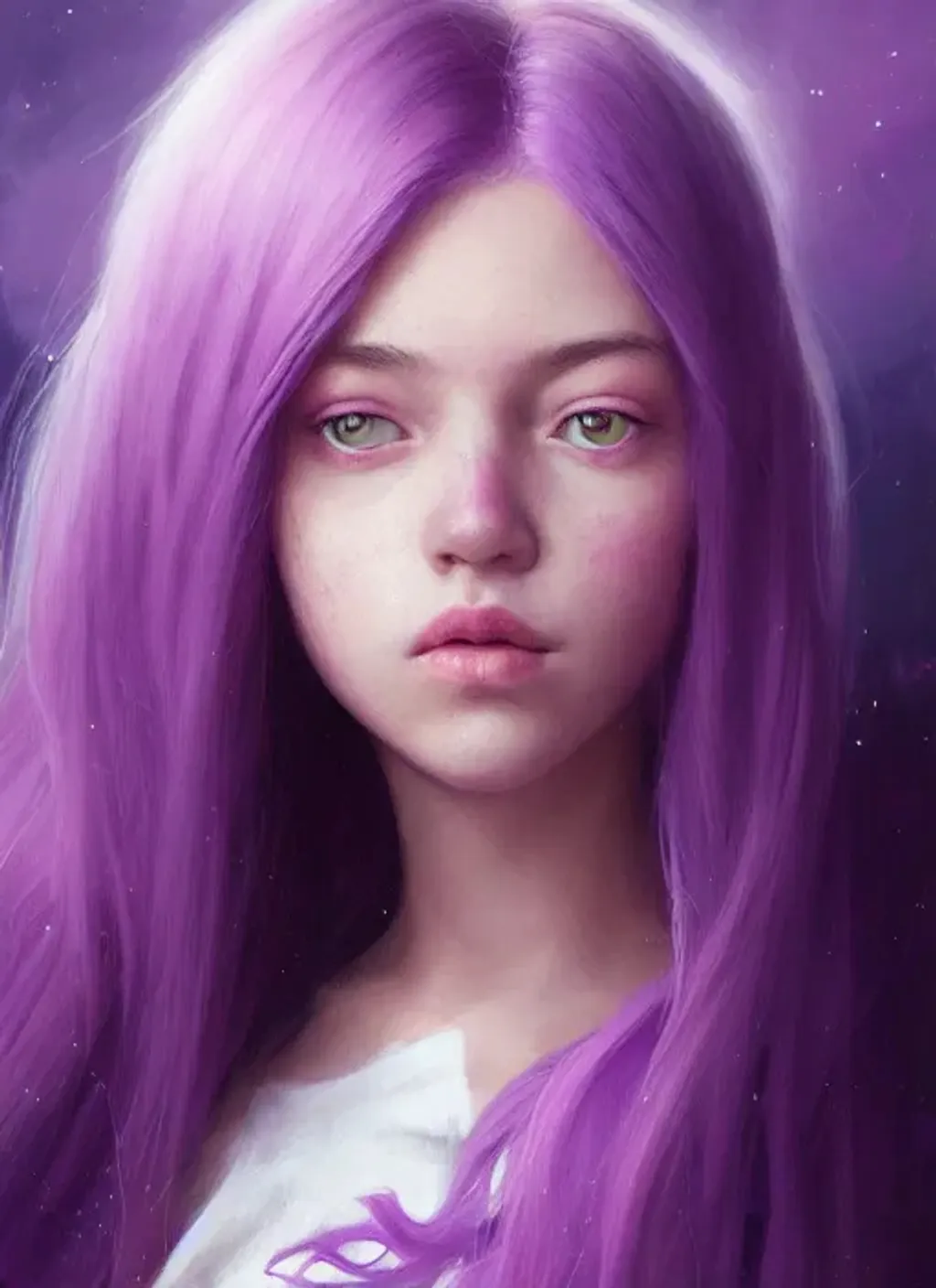 Prompt: Portrait of {girl} with {purple} hair and with cute face, {cloud pink background}, perfect composition, hyperrealistic, super detailed, 8k, high quality, trending art, trending on artstation, sharp focus, studio photo, intricate details, highly detailed, by greg rutkowski