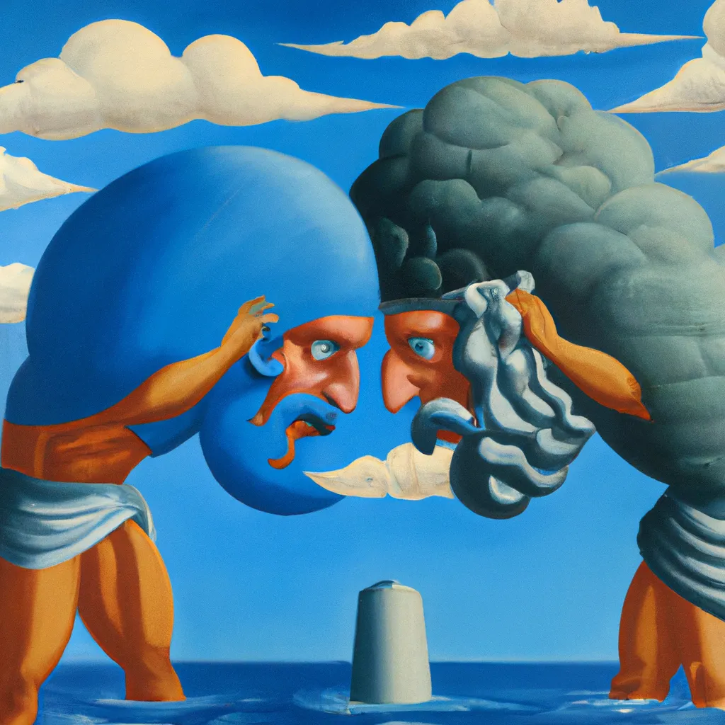 Prompt: poseidon and zeus fighting painted by rene magritte