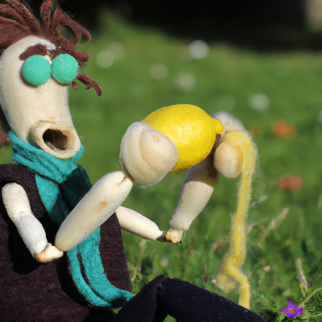 Prompt: Claymation Humanoid Man eating a delicious yarn-knit Lemon outside in a garden in France