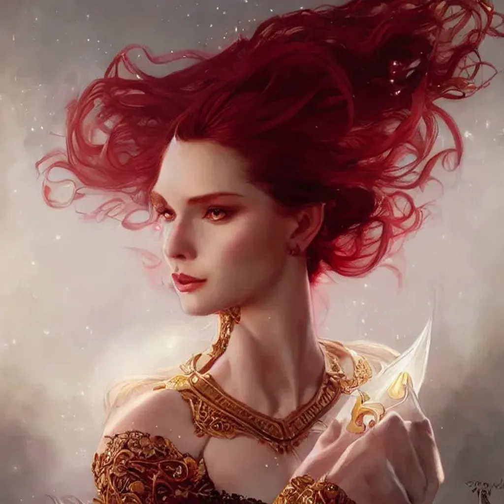 Prompt: Epic portrait a beautiful evil in royal dress, overflowing red hair, fantasy, elegant, intricate, full frontal shot, highly detailed, digital painting, artstation, concept art, sharp focus, illustration, art by artgerm and greg rutkowski and alphonse mucha