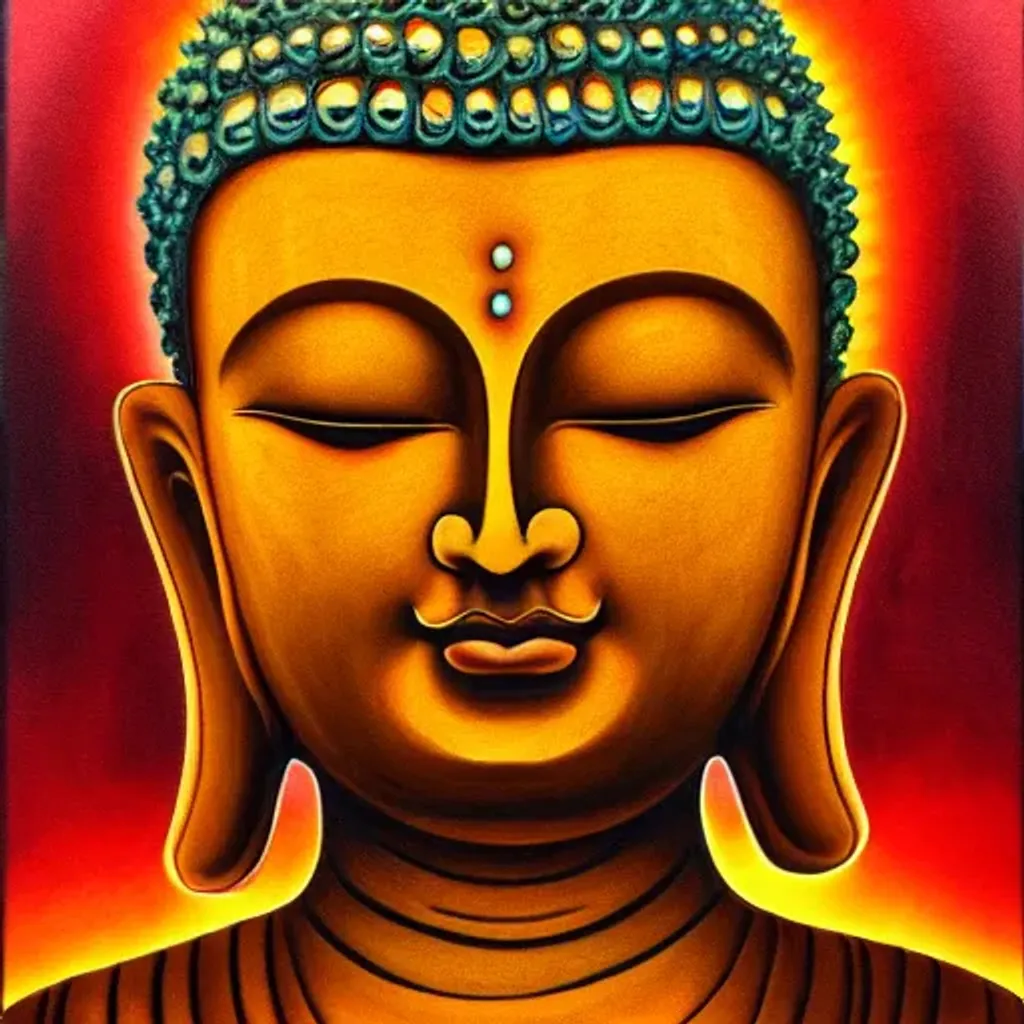 Prompt: symmetrical beautiful buddha, bright orange colors, light rays outside, detailed face, water colour
