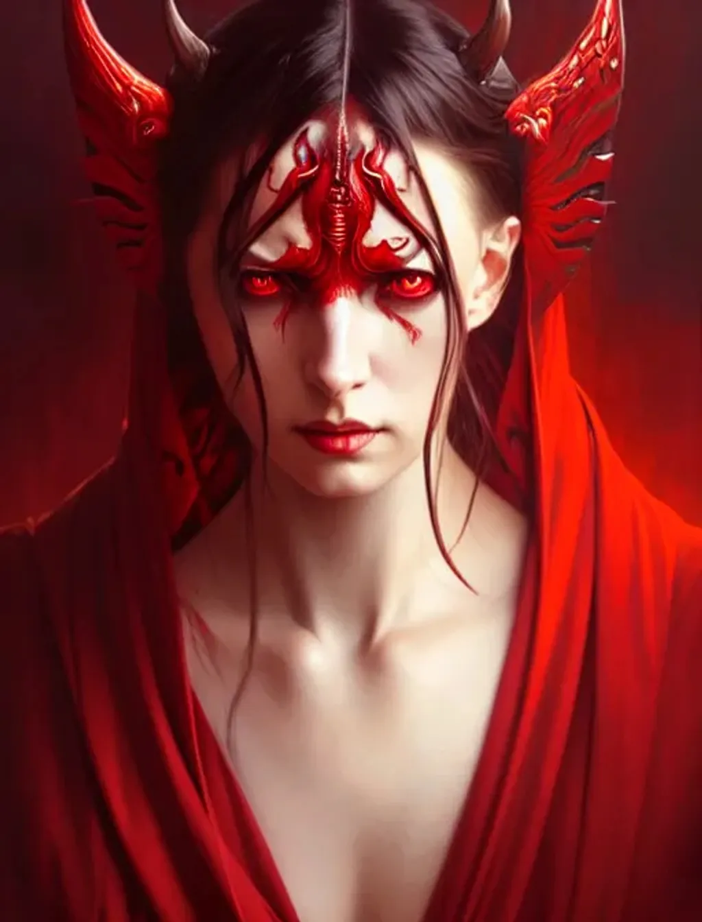 Prompt: Portrait of a female satan, red eyes, face, dark fantasy, intricate, elegant, highly detailed, digital painting, artstation, concept art, smooth, sharp focus, illustration, art by artgerm and greg rutkowski and alphonse mucha