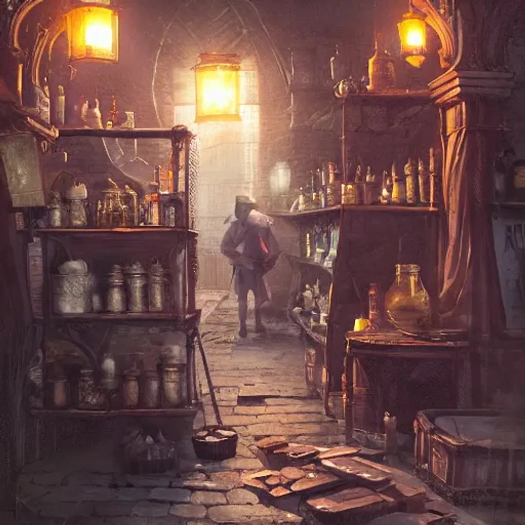 Prompt: Apothecary shop keeper, Piet, Vivid, cinematic, by Willem van Veldhuizen and greg rutkowski, outlined, Moon Lit