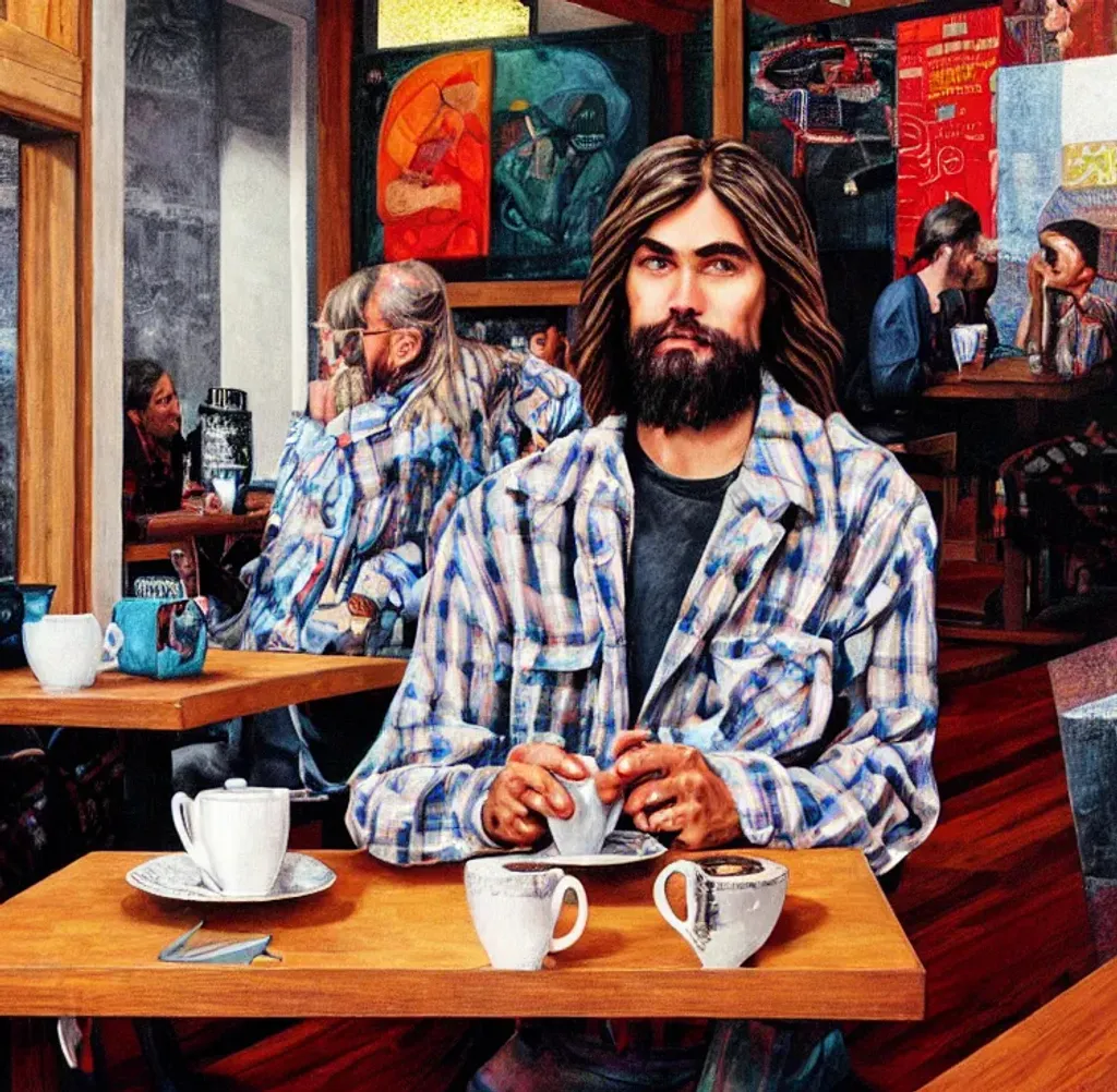 Prompt: Highly detailed photorealism of a modern look of high profile New Yorker Jesus with short hair, wearing flannels, energetic linear style, boldly accentuated realistic detail Indonesian face making a cup of V60 coffee on a table of a cozy coffee shop, by Audrey Flack, Ralph Goings, Richard Estes, Chuck Close, Charles Bell, Kurt Cobain, Ronaldo Christiano, Robert Cottingham, Don Eddy, Gustave Courbet,  Sieger Koder,  Andy Warhol, WLOP, Artgerm, Greg Rutkowski, Alphonse Mucha, Beautiful dynamic, epic dramatic, wining-award photograph. 