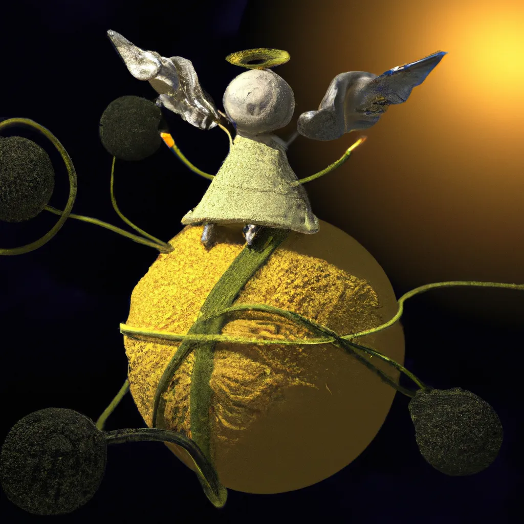 Prompt: 3D Magestic Lemon Angel hovering above a yarn-knitted world in the style of H.P. Lovecraft