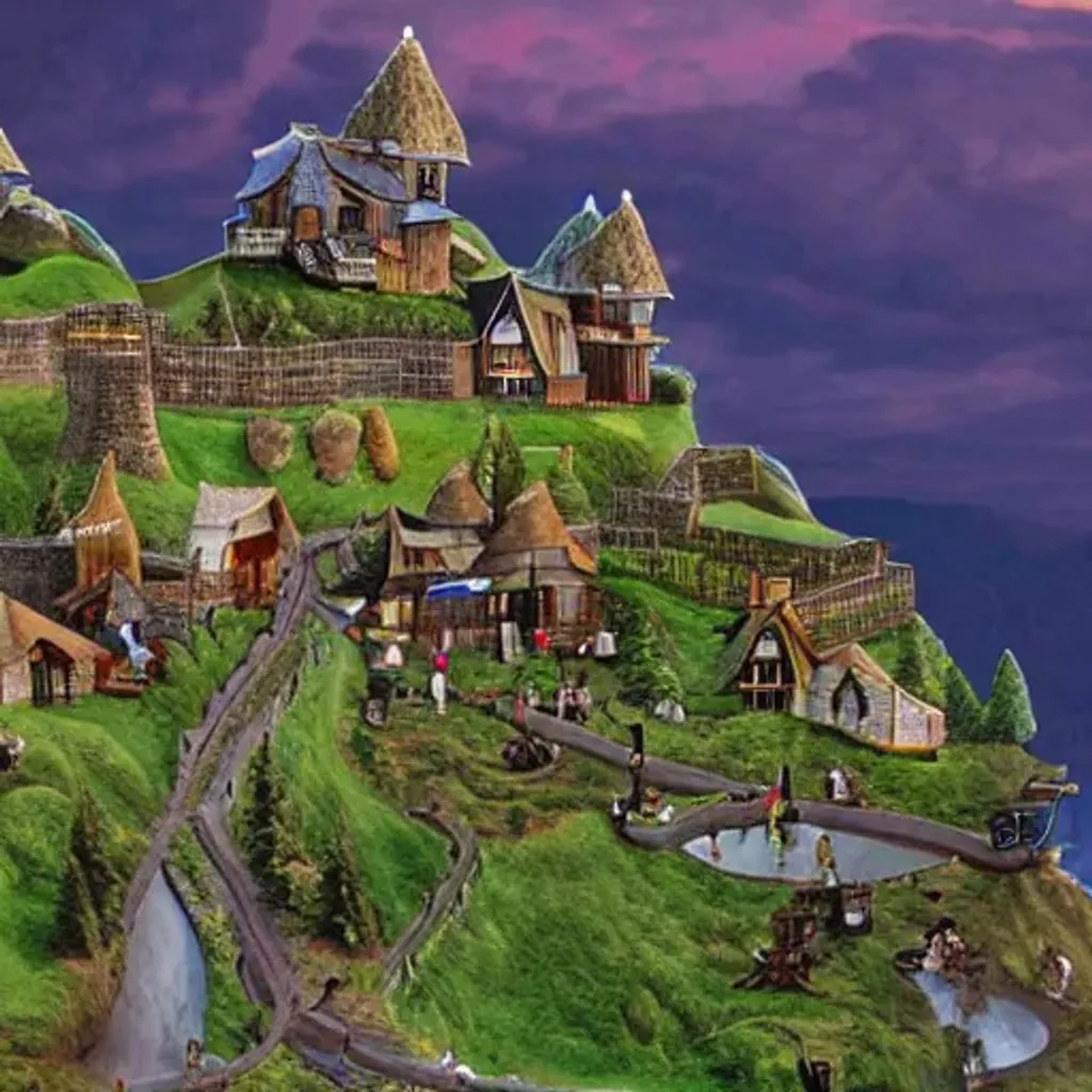 Prompt: a fantasy village on a hill surrounded by a palisade