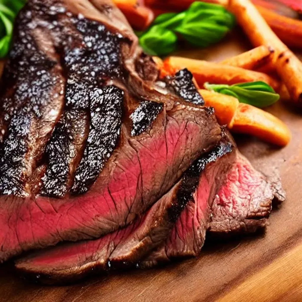 Prompt: steaming smoked steak dinner in a rustic restaurant, macro, detailed