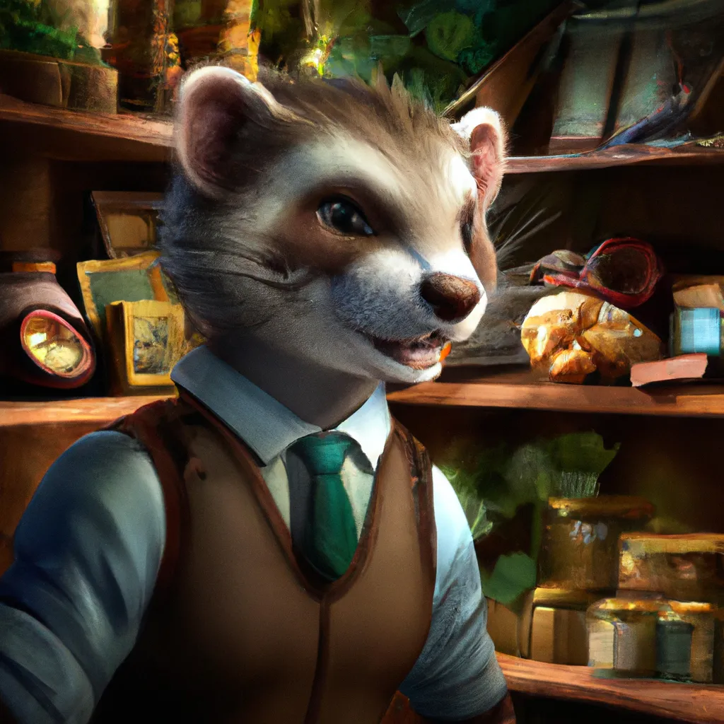 Prompt: male dressed as furries, ferret fursona bust portrait shopkeeper with shelves, smiling with wares, ascot tie, trending on artstation, ilse gort, caraid, Vekke, blackteagan, green forest maple tree background, character design, anthropomorphic, dramatic lighting, 8k, portrait, realistic, fine details, photorealism, cinematic, intricate details, cinematic lighting, no blur, photo realistic 8k