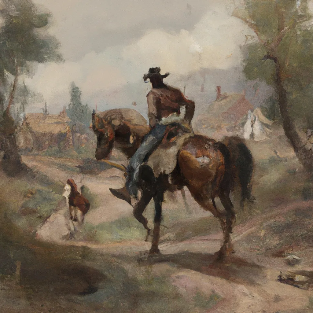 Prompt: A beautiful painting of a cowboy riding a horse through a small western town. muddy path, over the shoulder view, painted by Charles Marion Russell