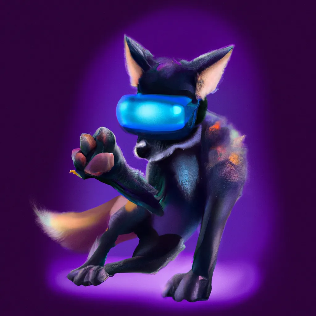 Prompt: Black and Purple humanoid bipedal fox character playing a game in virtual reality, pixar, dreamworks, galaxy, intergalactic, sparkling, trending on artstation