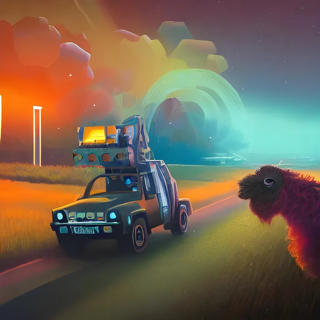 Prompt: 8k photo of Piet with a LLama driving at high speed at night, Adventure, by Simon Stålenhag and Willem van Veldhuizen and Jordan Grimmer and Hans Ruedi Giger, vivid, colorful, Extreme Detail