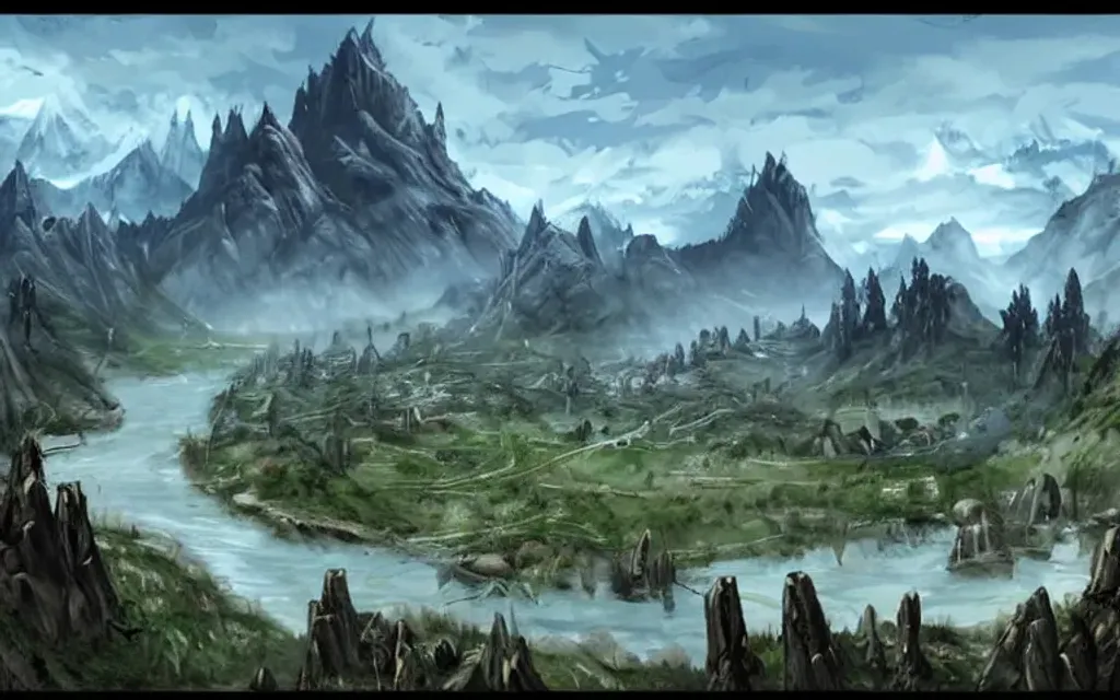 Prompt: landscape, video games, elder scrolls, skyrim, whiterun, morrowind, blades, swords, fantasy, dragons, mountains, fields, trees, retro, tall trees, river, water, color blue, color green, ariel view, blue sky, bright blue, bright green, battle, warriors, mages, wizards, witches, orcs, trolls, fantasy city in the distance, day time, bright, 80s dark fantasy film, 80s dark medieval film, 80s fantasy film, 80s medieval film, fantasy village, fantasy castle, fantasy stronghold, fantasy city, fantasy video game, townsfolk, dragons, tamriel, cyrodiil