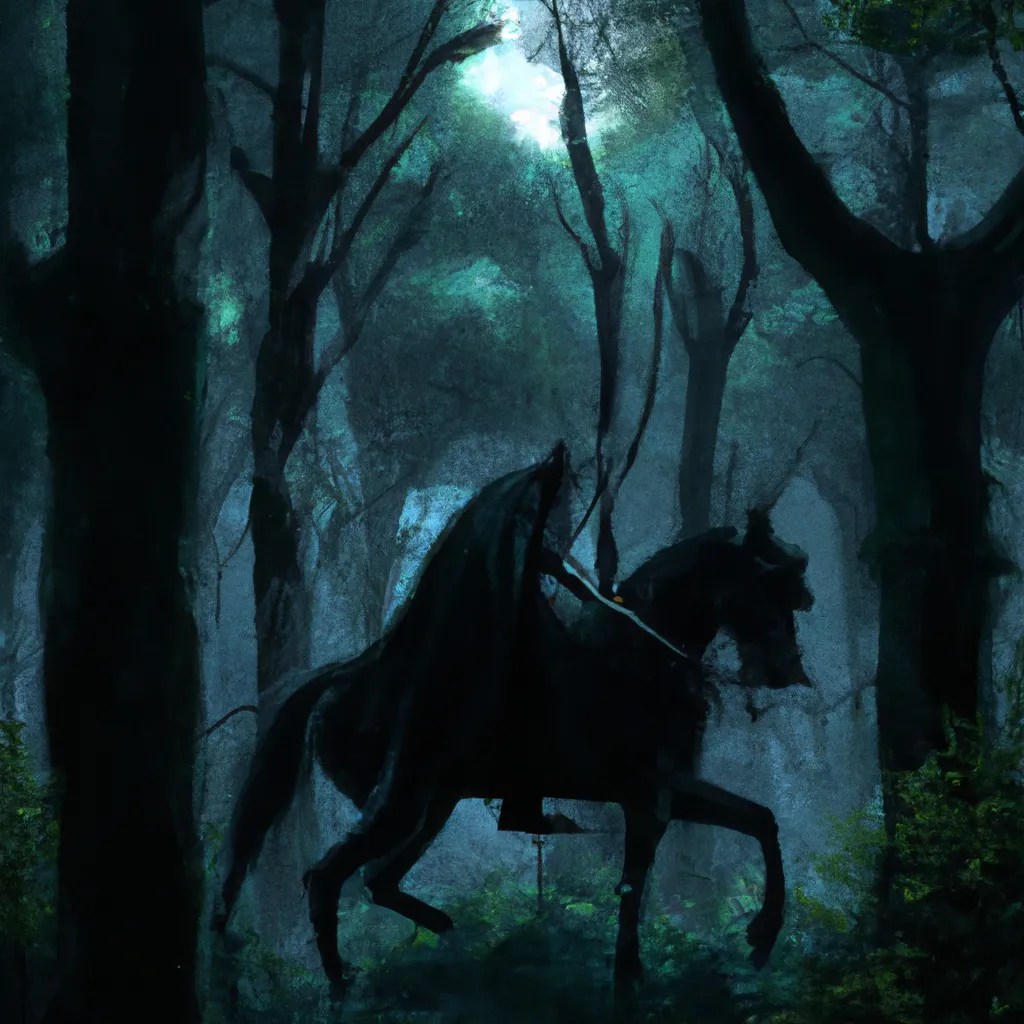 Prompt: A majestic and creepy painting of a horseman without a head, riding a black horse through the woods, while holding a sword in his hand. Dramatic lightning. Full moon. Fear. Scary. Artstation.