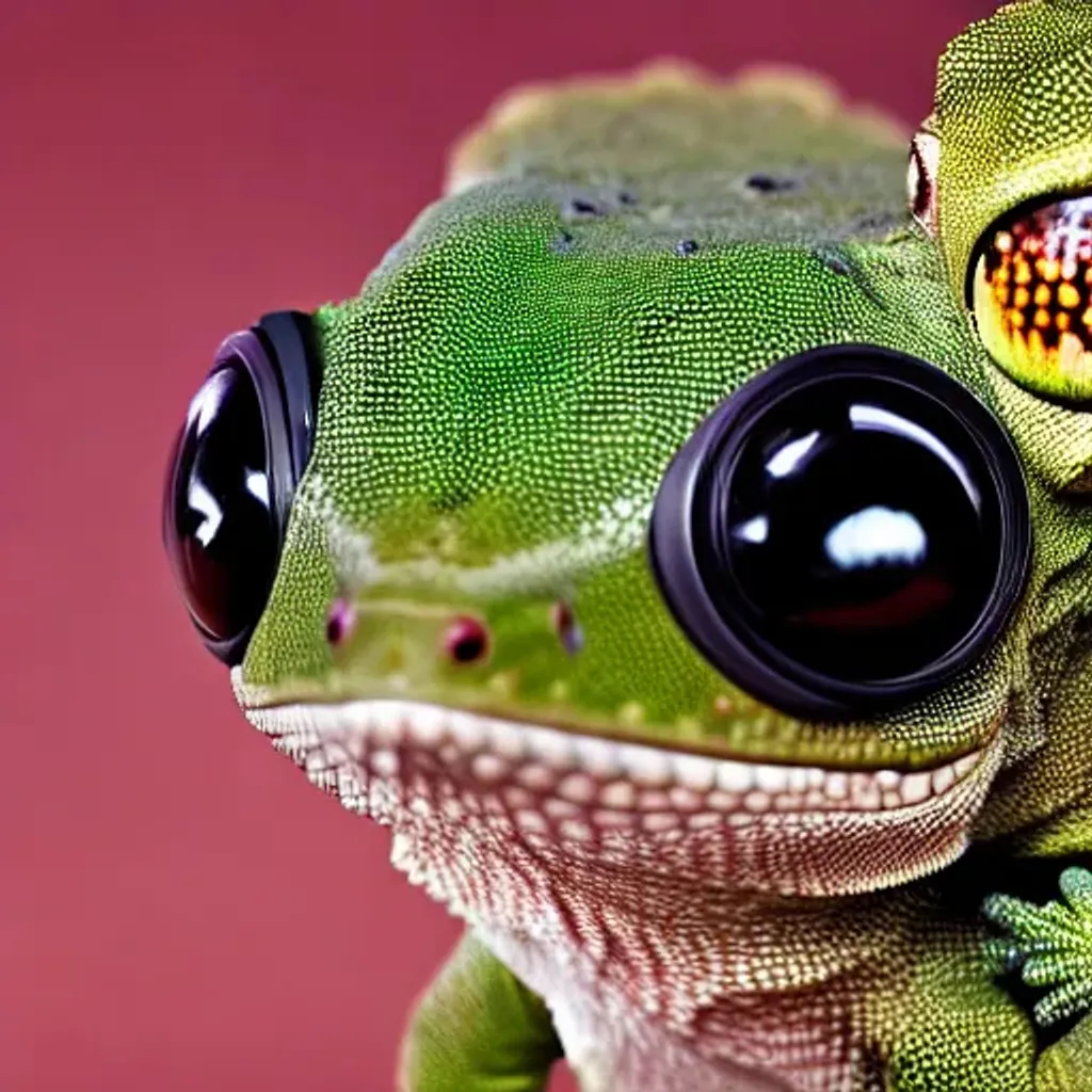 Prompt: cute gecko lizard wearing VR goggles holding radio controller close up soft light F1.8 futuristic 