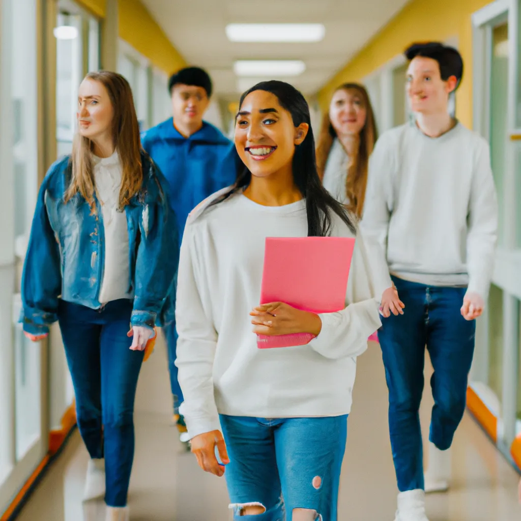 Prompt: stock foto of happy diverse group of students walking though a school hallway