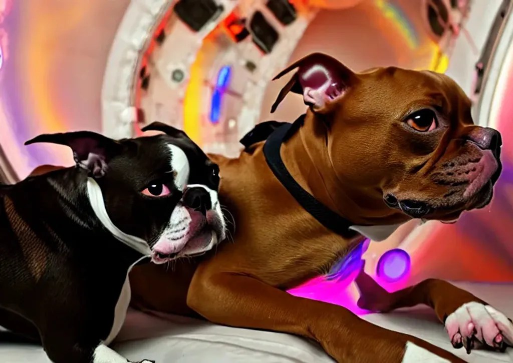 Prompt: Anime light brown Pit bull and a Boston Terrier cartoon in outer space, galaxy, lo-fi, synth wave, anime adventure, colorful wave playing moog synthesizers in outer space, interstellar music production, sequencers in space cartoon