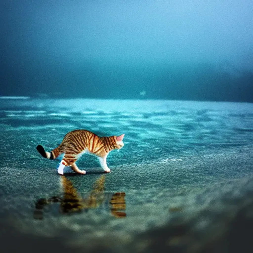 Prompt: cat walking on clear ocean water with fish in water, dark cloudy sky, fog, liminal space, hdr