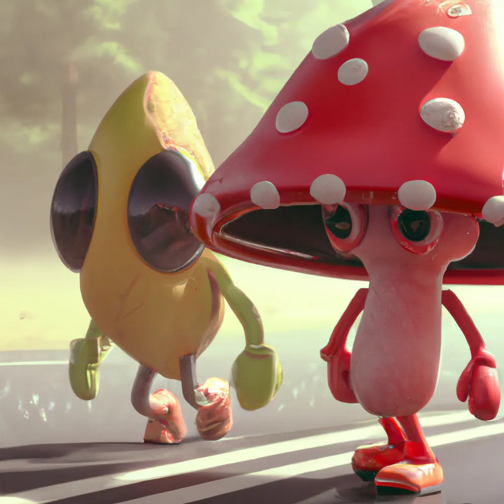 Prompt: Two race cars of anthropomorphic hot chilis peppers, one desaturated red and one desaturated green, skateboarding| Giant Cosmic mushroom  | cute girl | in the style of Munch  | perfect exposure | soft muted colors desaturated | 3d render | octane lighting | dream fantasy | centered | octane render artstation trending 8k ultra-detailed  | sharp focus golden ratio | Disney Pixar Dreamworks 