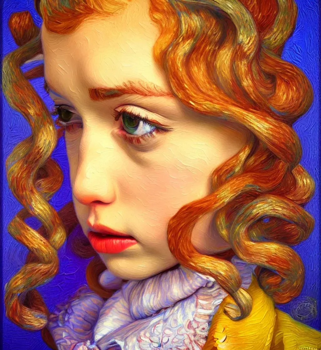 Prompt: oil painting by Vincent VanGogh 
 realistic portrait of a very beautiful young girl cute nose perfect lips intricate girlish charm curly flyaway hair, highly detailed, digital painting, sharp focus, dof, ultra reallistic, extremely detailed, intricate, artgerm, ambient lighting  award winning, fantastic view, colourful, intriguing 