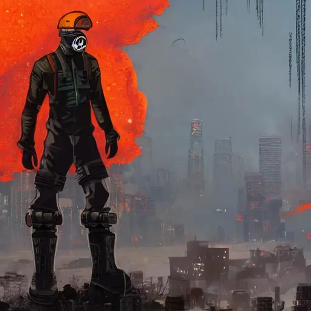 Prompt: cyberpunk man wearing a gas mask in a destroyed city flooded with lava, panorama
