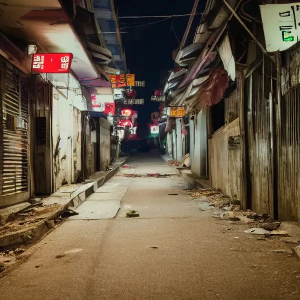 Prompt: abandoned korean street at night, creepy people standing, garbage on ground